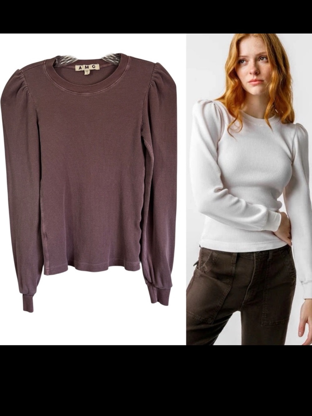 AMO Denim Los Angeles Girlie Top Thermal Organic Puff Long Sleeves Taupe Small